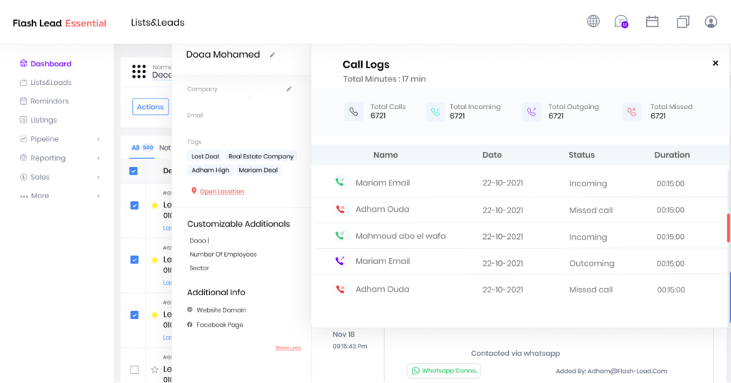 Flash Lead Call logs